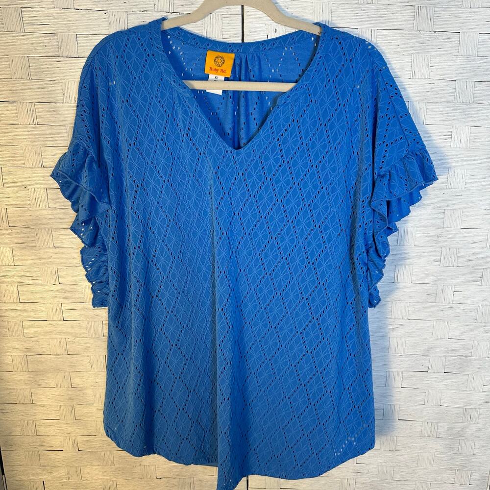Ruby‎ Rd women’s blouse, embroidered eyelet ruffle sleeve V-neck bohemian hippie